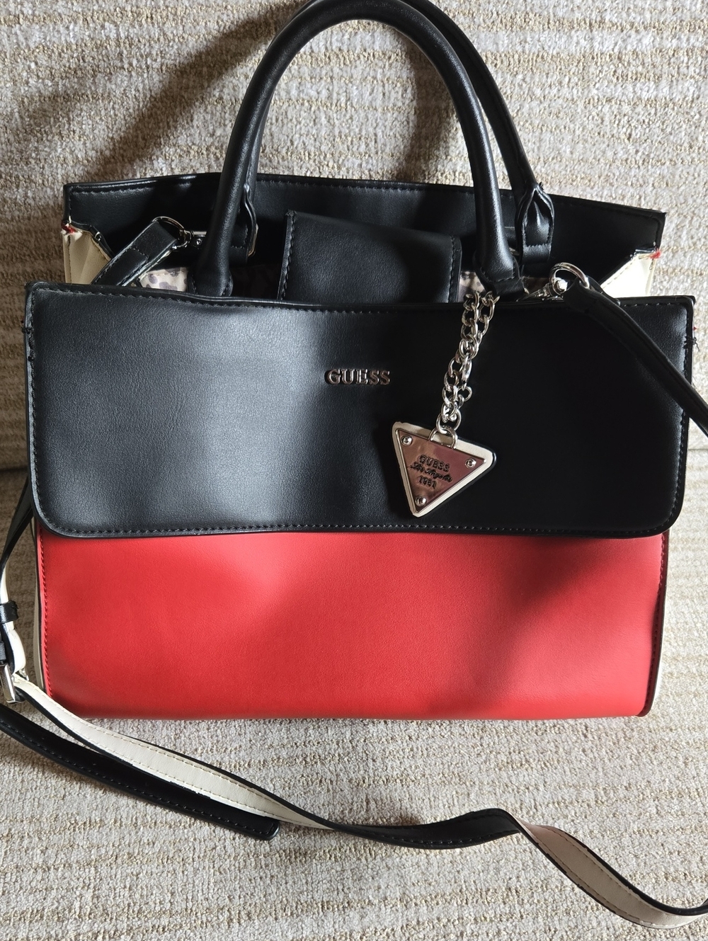 GUESS Black, Red and Cream Colorblock Satchel with Logo Charm